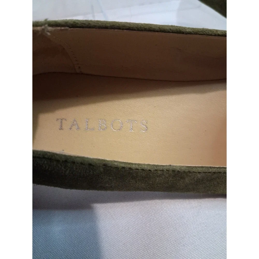 Talbots Olive Green Suede Pointed Toe Loafers Gold Button Red Trim Flats 7.5M